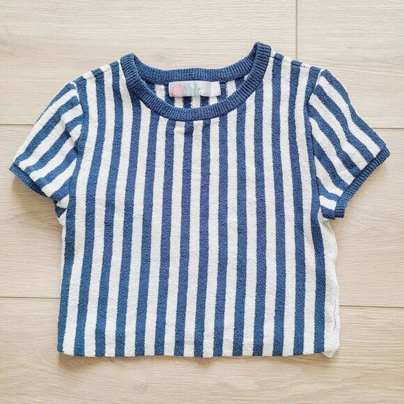 Free‎ People Beach Crop Top S Blue Striped Terrycloth Short Sleeve Pullover Top - Picture 1 of 8